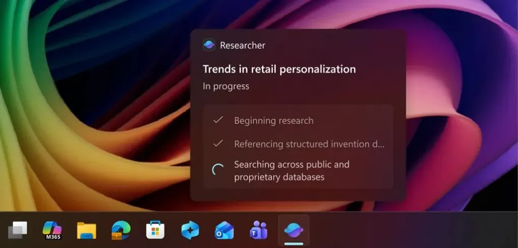 Researcher agent showing step-by-step progress on the Windows taskbar