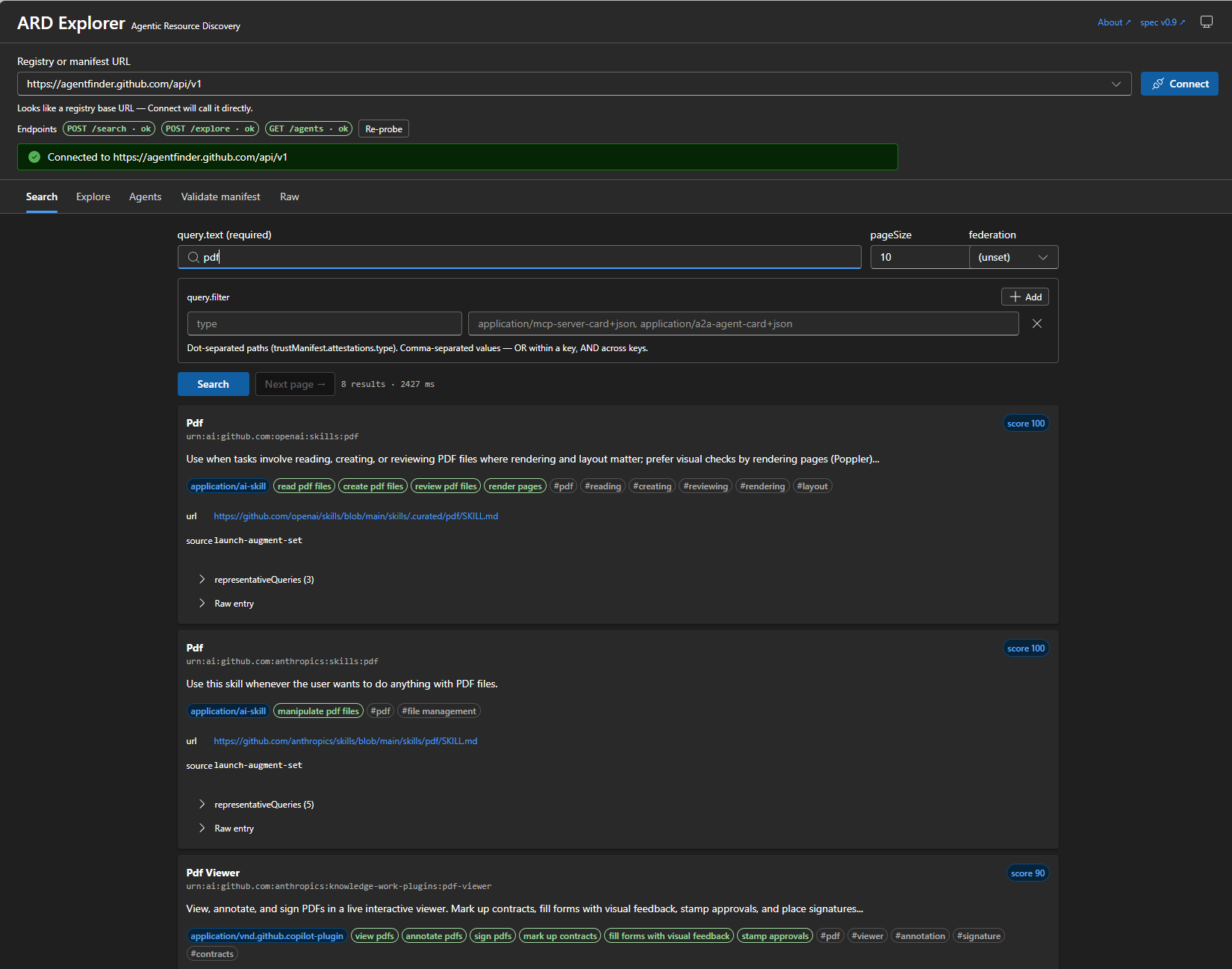ARD Explorer searching GitHub Agent Finder for "pdf" — showing results from OpenAI, Anthropic, and more