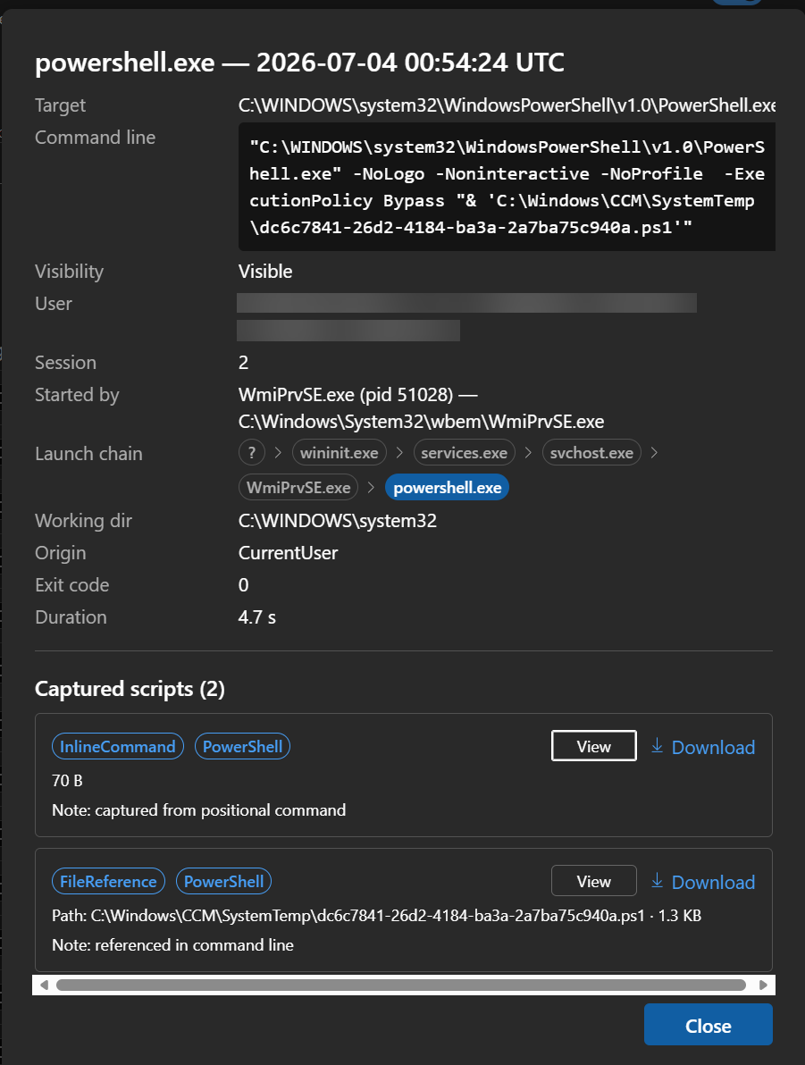 Detail view: command line, launch chain, and captured scripts with View/Download