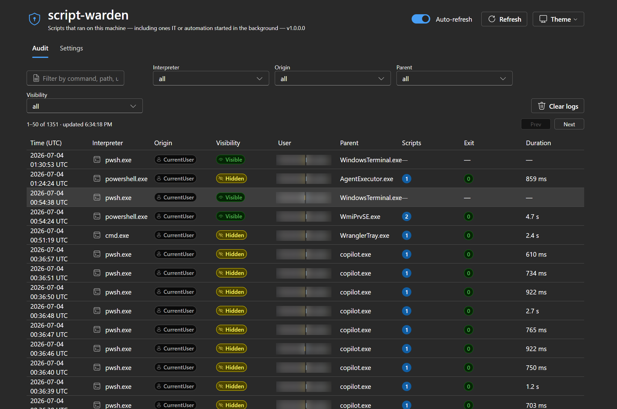 script-warden audit log: every script launch with interpreter, origin, visibility, parent process, and duration